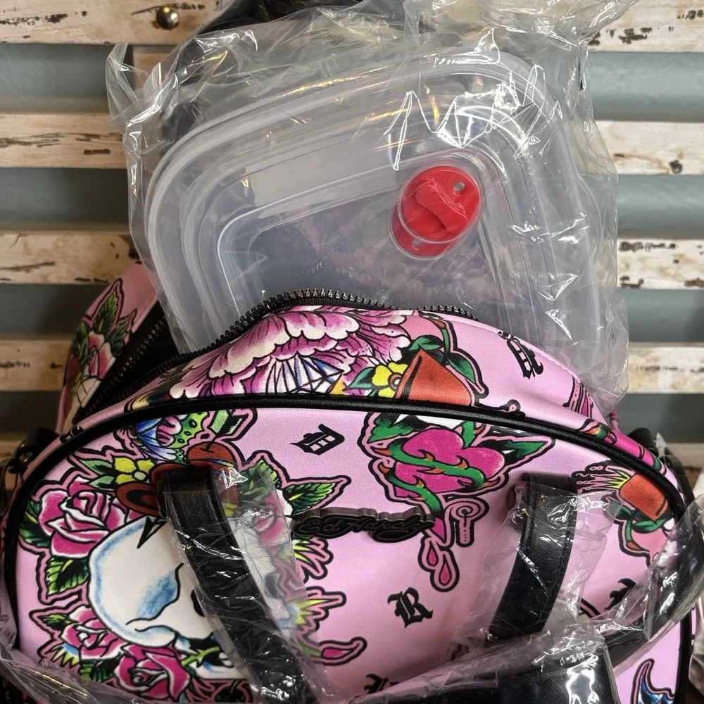 Ed Hardy Pink Y2K Thermal‎ Lunch Tote Hot or Cold Dual Straps Skulls Butterflies